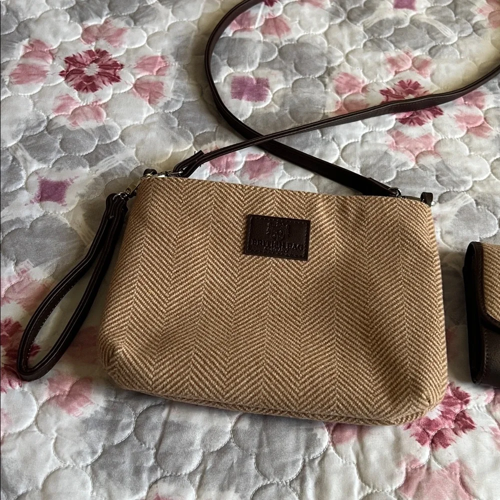 British Bag Company Tan and Brown Purse and Wallet Set Herringbone Wool NWOT